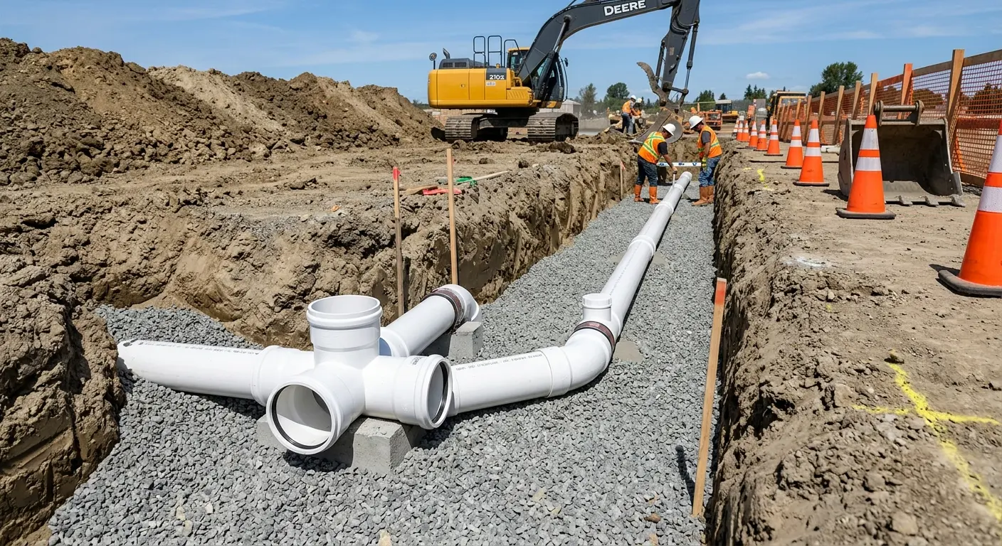 New PVC sewer pipe installation in open trench for Sewer Backup in Tallulah