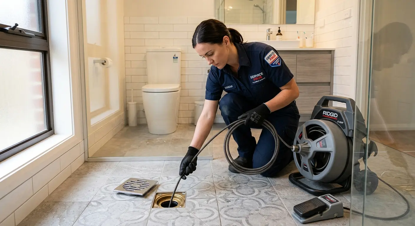 Technician clearing a bathroom floor drain for Drain Cleaning in Tallulah